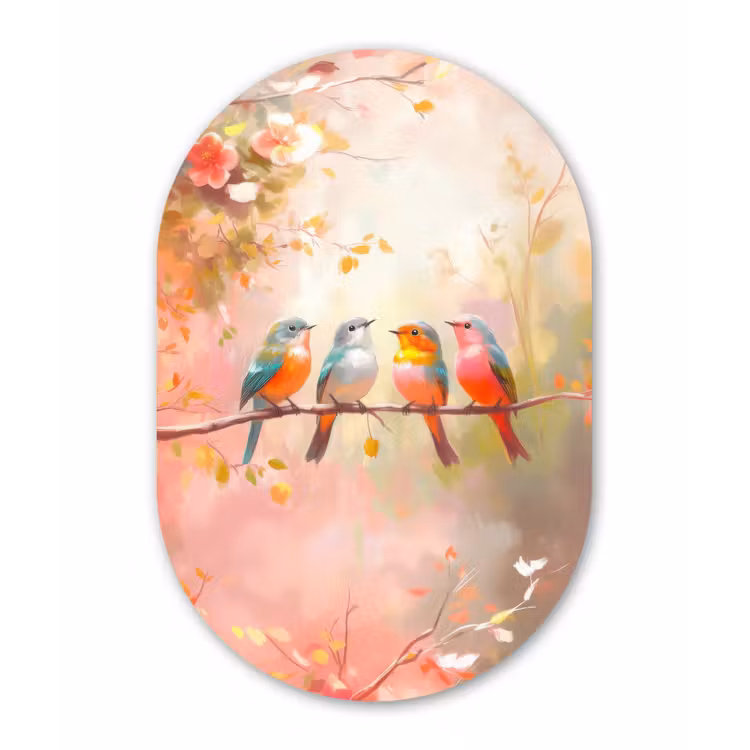 Vogels - Kleurrijk - Tak Wandcirkel Ovaal Aluminium middel -3d