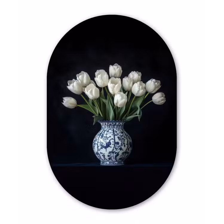 Wit - Bloemen - Tulpen - Vaas Wandcirkel Ovaal Aluminium middel -3d