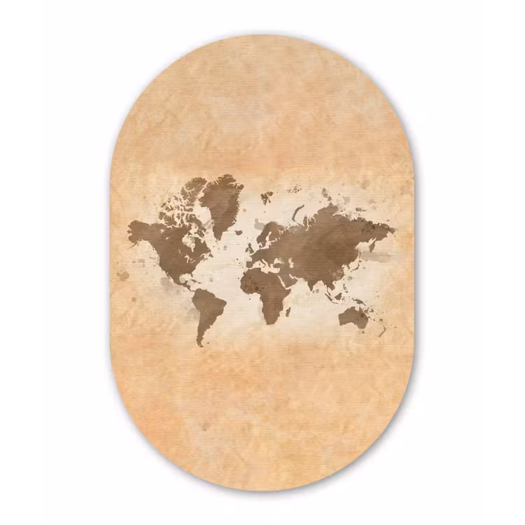 Wereldkaart - Beige - Bruin Wandcirkel Ovaal Aluminium middel -3d