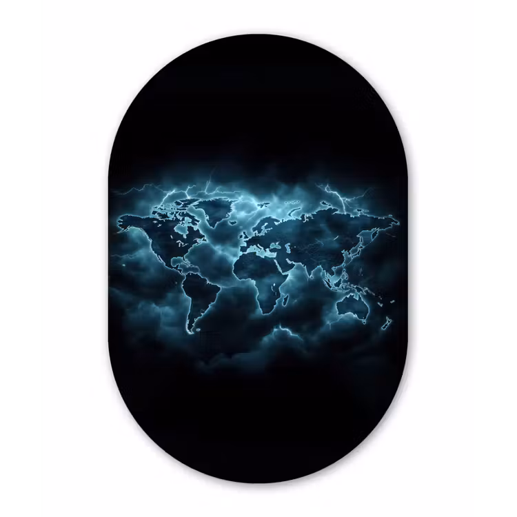 Wereldkaart - Bliksem - Blauw Wandcirkel Ovaal Aluminium middel -3d