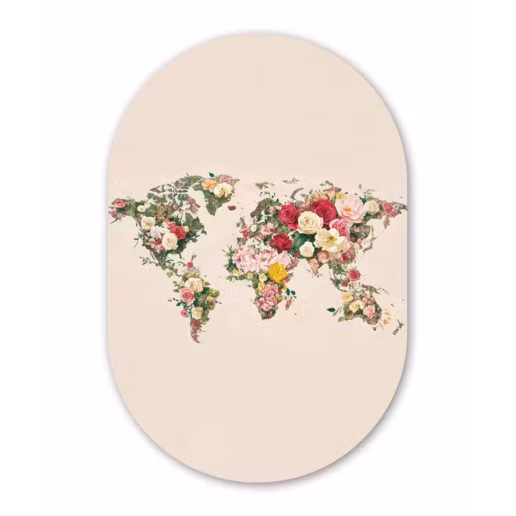 Wereldkaart - Bloemen - Roze Wandcirkel Ovaal Aluminium middel -3d