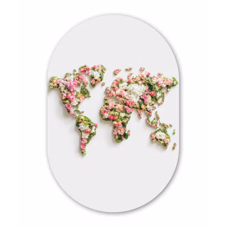 Wereldkaart - Bloemen - Subtiel Wandcirkel Ovaal Aluminium middel -3d