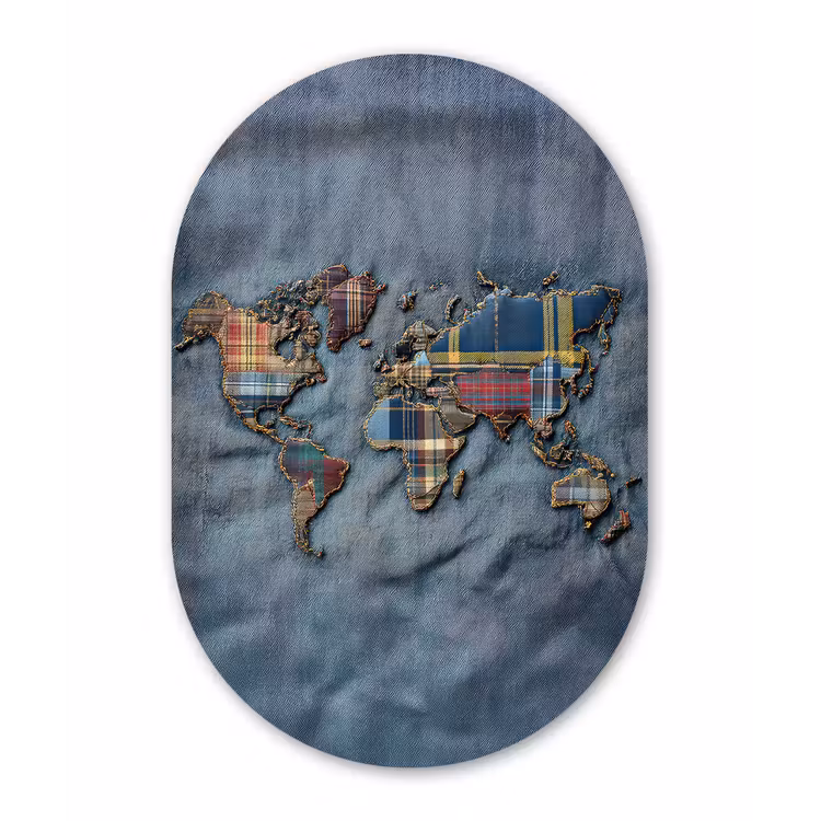 Wereldkaart - Denim - Textiel Wandcirkel Ovaal Aluminium middel -3d