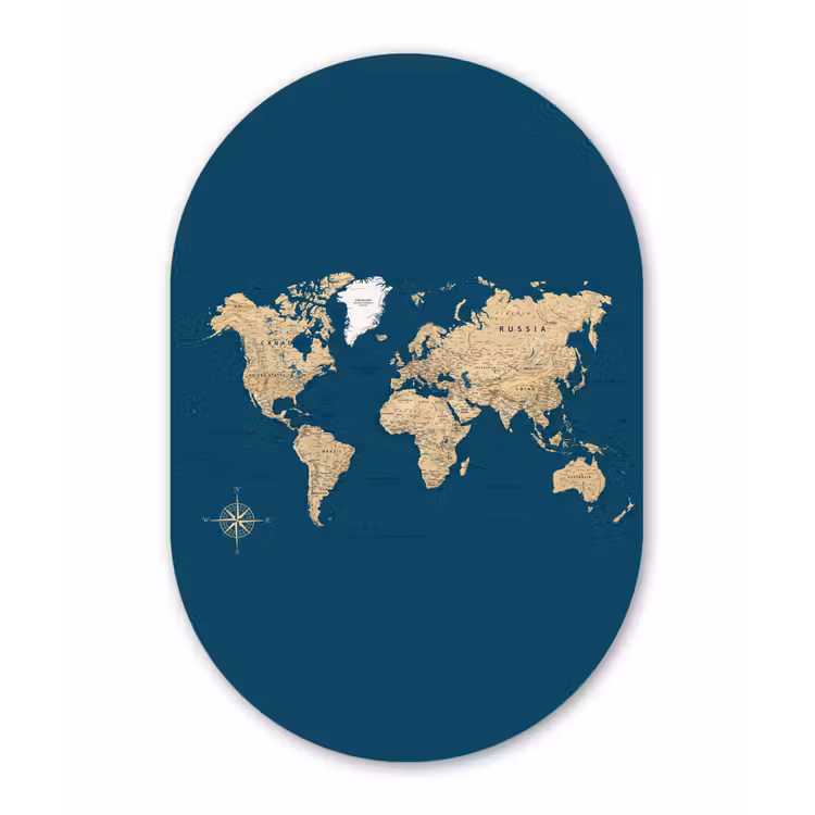 Wereldkaart - Donkerblauw - Beige Wandcirkel Ovaal Aluminium middel -3d