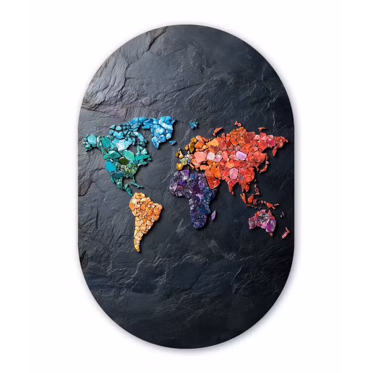 Wereldkaart - Edelstenen - Regenboog - Ruw Wandcirkel Ovaal Aluminium middel -3d