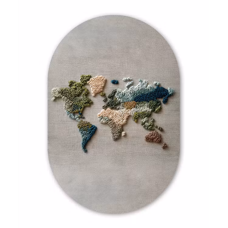 Wereldkaart - Geborduurd - Aardetinten Wandcirkel Ovaal Aluminium middel -3d