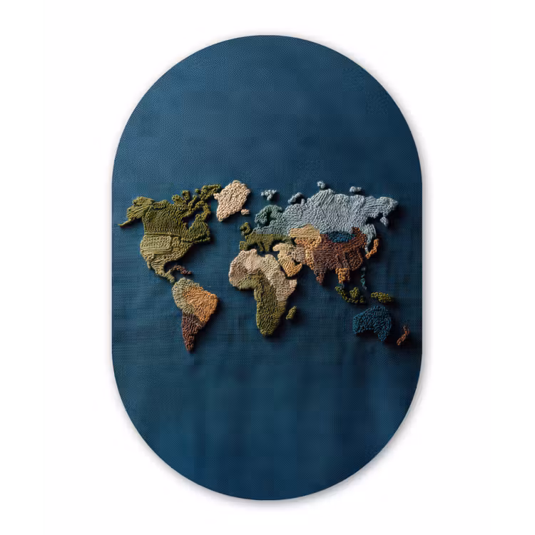 Wereldkaart - Geborduurd - Verschillende tinten Wandcirkel Ovaal Aluminium middel -3d