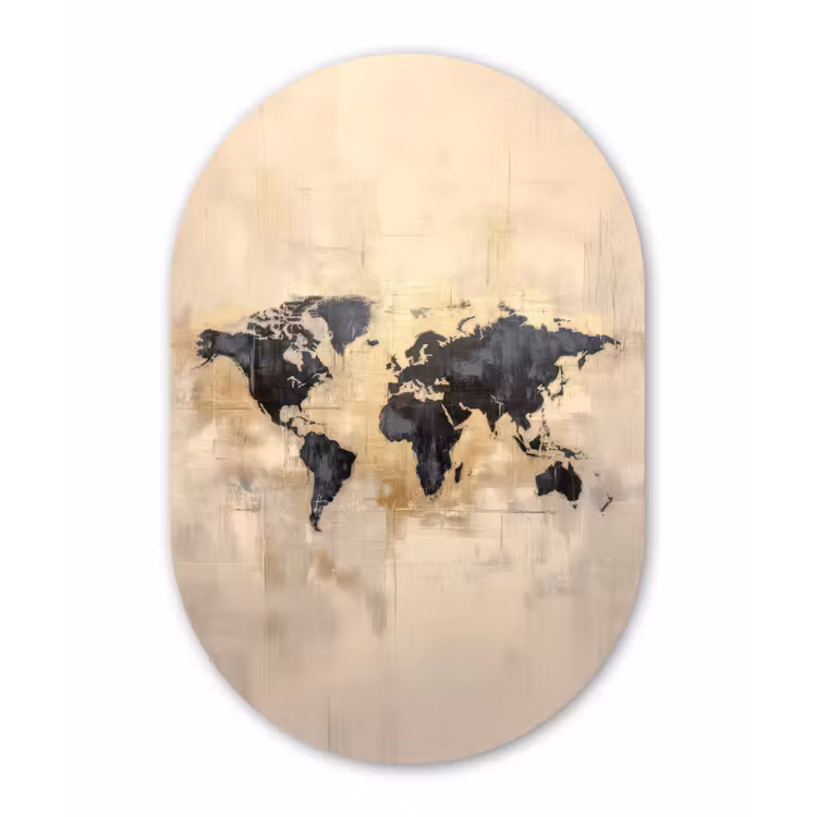 Wereldkaart - Goud - Zwart - Abstract Wandcirkel Ovaal Aluminium middel -3d