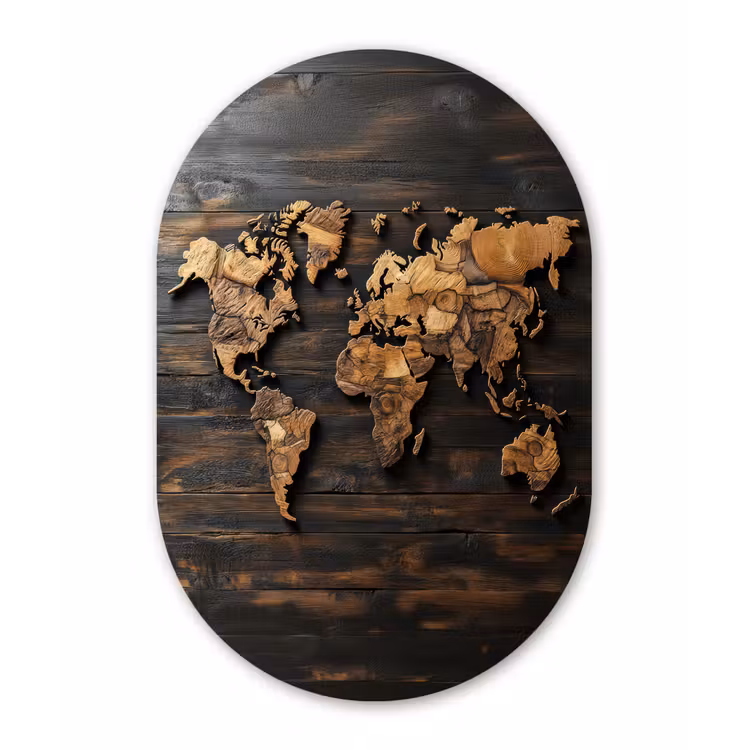Wereldkaart -  Hout - Mozaïek Wandcirkel Ovaal Aluminium middel -3d