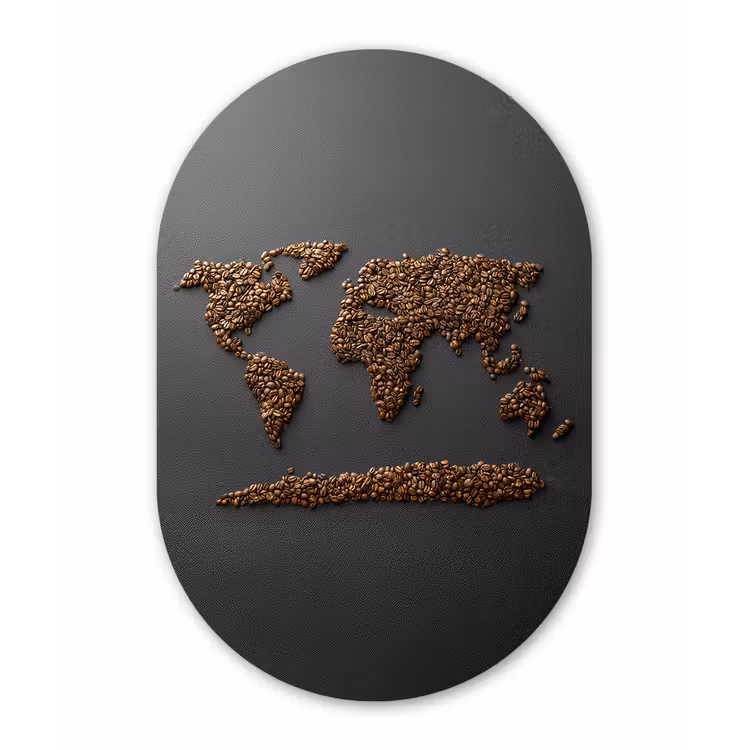 Wereldkaart - Koffie - Grijs Wandcirkel Ovaal Aluminium middel -3d