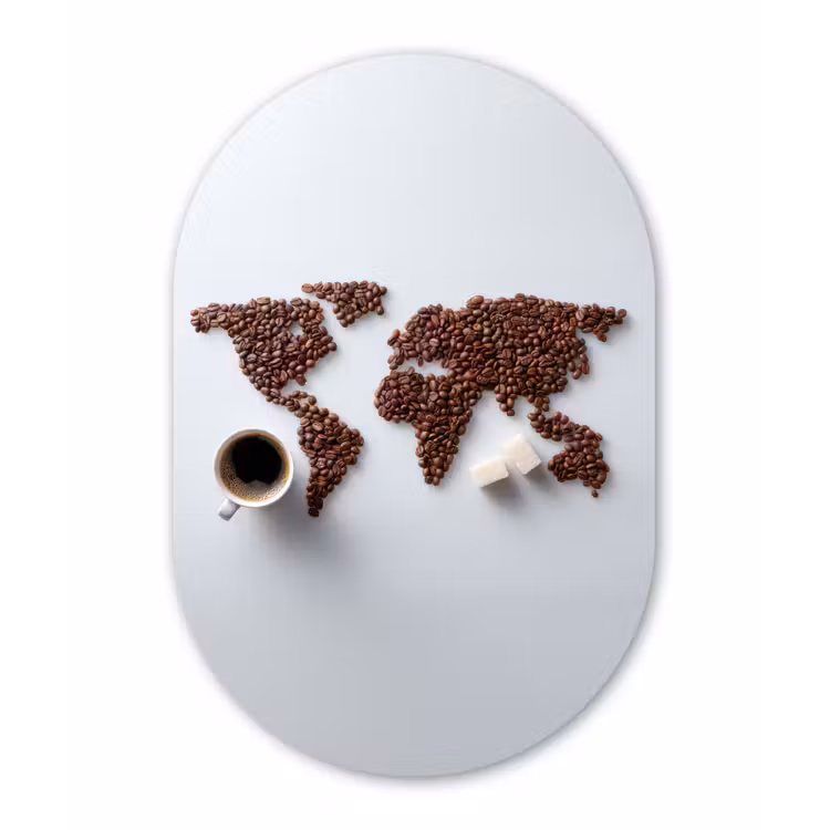 Wereldkaart - Koffiebonen - Suikerklontjes Wandcirkel Ovaal Aluminium middel -3d