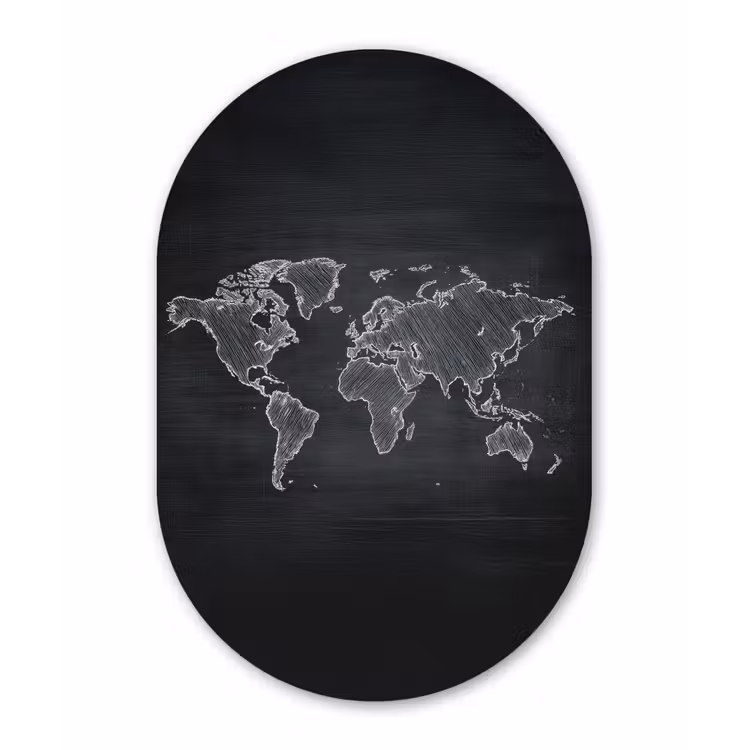 Wereldkaart - Krijt - Zwart - minimalistisch Wandcirkel Ovaal Aluminium middel -3d