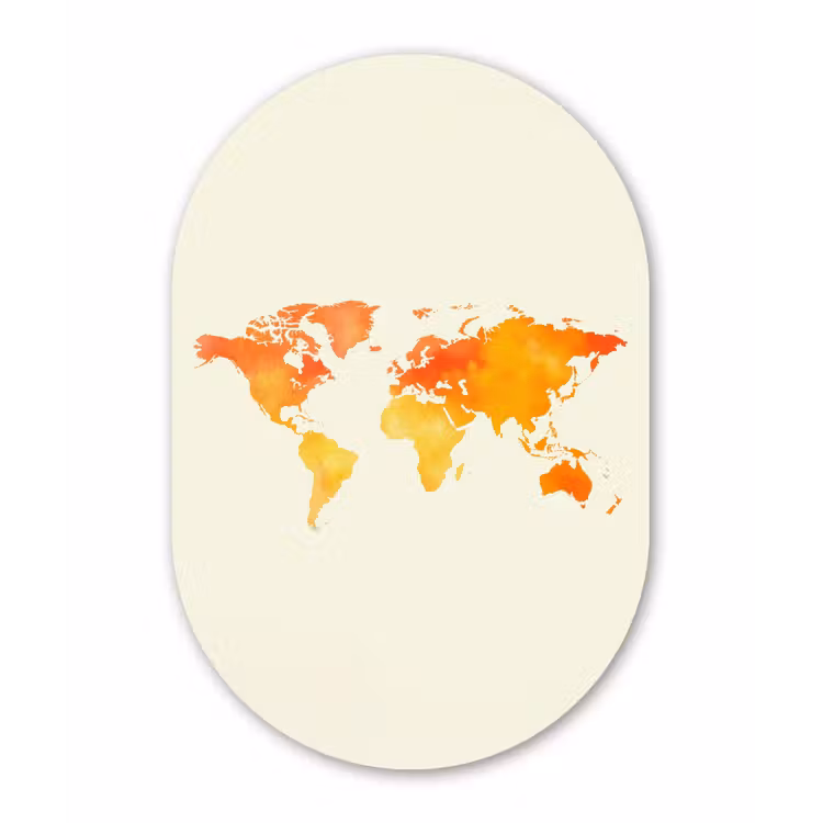 Wereldkaart - Oranje - Kleurrijk Wandcirkel Ovaal Aluminium middel -3d