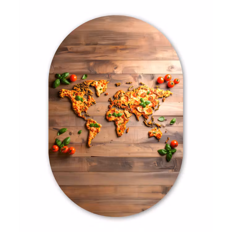 Wereldkaart - Pizza - Houten ondergrond Wandcirkel Ovaal Aluminium middel -3d