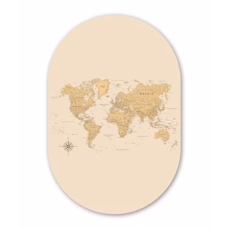 Wereldkaart - Realistisch - Beige Wandcirkel Ovaal Aluminium middel -3d