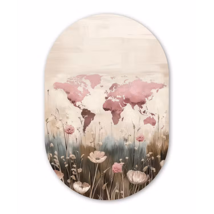 Wereldkaart - Roze - Bloemen Wandcirkel Ovaal Aluminium middel -3d