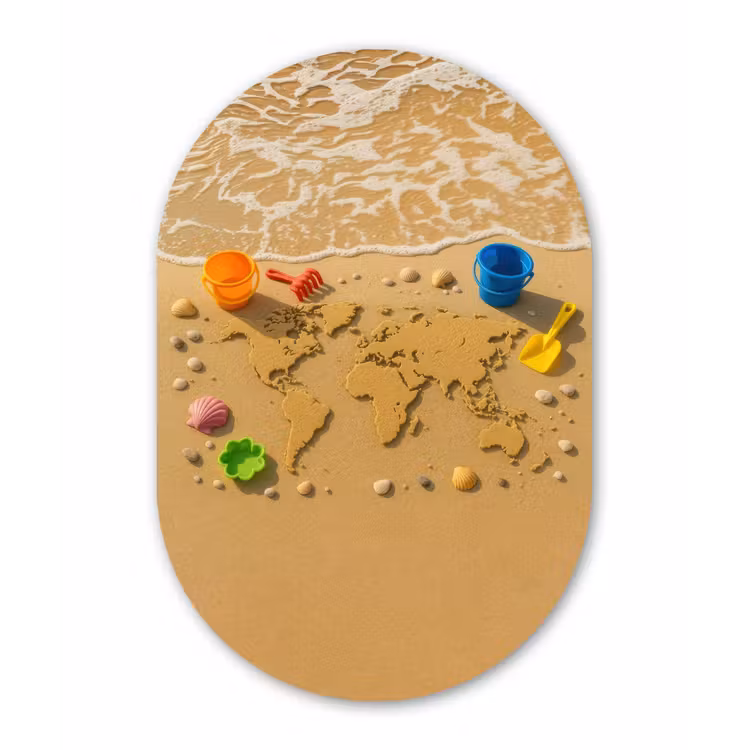 Wereldkaart - Zand - Kleurrijk - Zomer Wandcirkel Ovaal Aluminium middel -3d