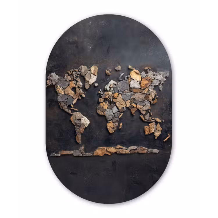 Wereldkaart - Stenen - Realistisch Wandcirkel Ovaal Aluminium middel -3d