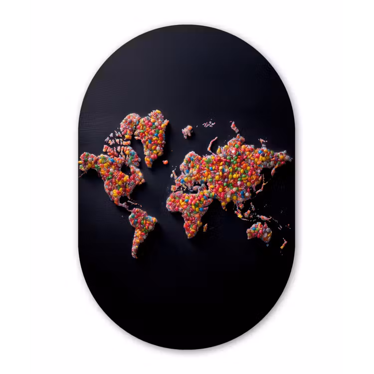 Wereldkaart - Snoepjes - Felle kleuren Wandcirkel Ovaal Aluminium middel -3d