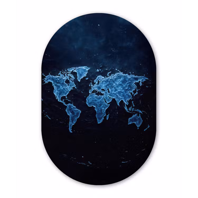 Wereldkaart - Waterstructuur - Blauw Wandcirkel Ovaal Aluminium middel -3d
