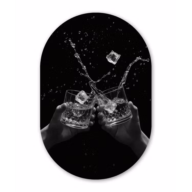 Whiskyglazen - Ijs - Spetters - Zwart Wandcirkel Ovaal Aluminium middel -3d