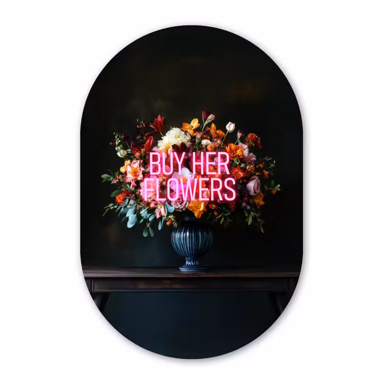 Quote - Bloemen - Vaas - Neon Wandcirkel Ovaal Aluminium middel -3d