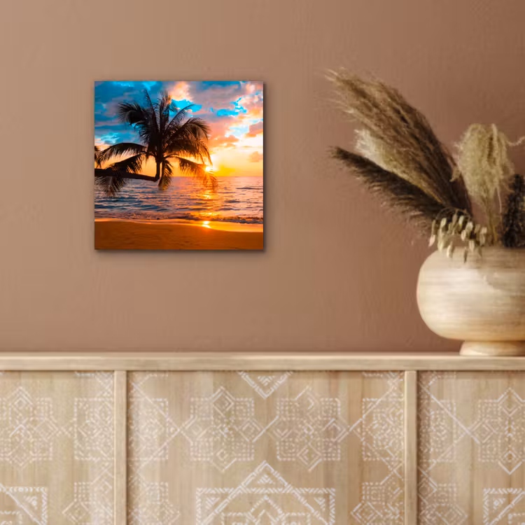 Palme - Sonnenuntergang - Horizont - Strand - Meer - Tropisch aluminium wit klein -sfeer4