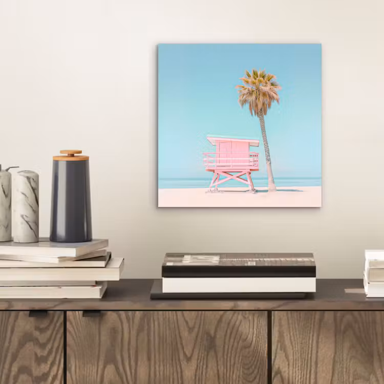 Palmboom - Strandhuis - Roze aluminium wit klein -sfeer1