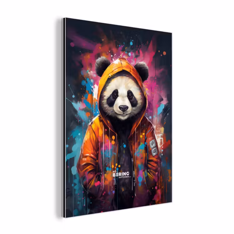 Panda met oranje jas en verfspetters aluminium wit klein -3d