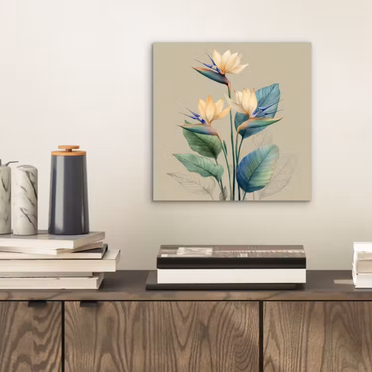 Paradijsvogelbloemen - Blauwgroene bladeren - Beige aluminium wit klein -sfeer1