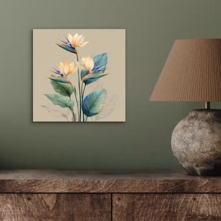 Paradijsvogelbloemen - Blauwgroene bladeren - Beige aluminium wit klein -sfeer2