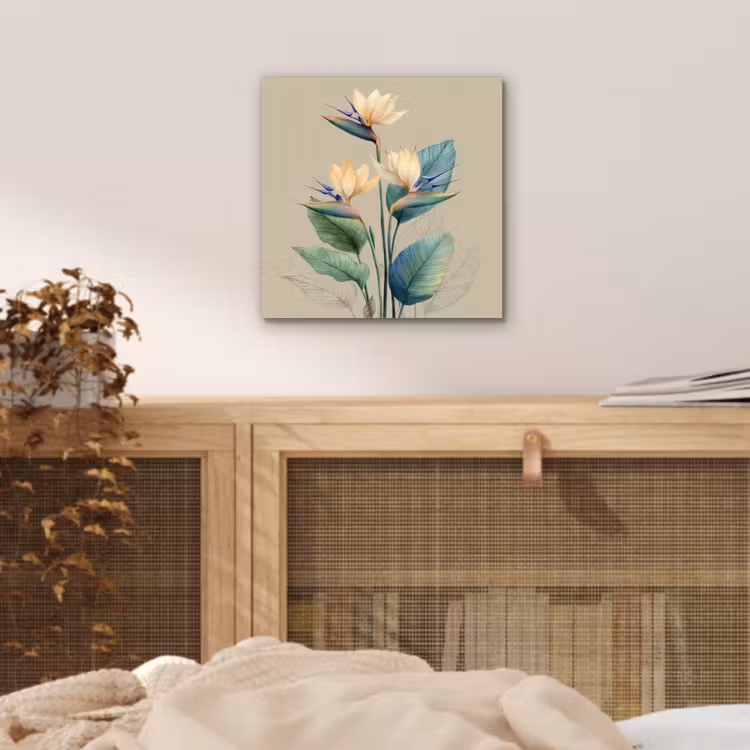 Paradijsvogelbloemen - Blauwgroene bladeren - Beige aluminium wit klein -sfeer3