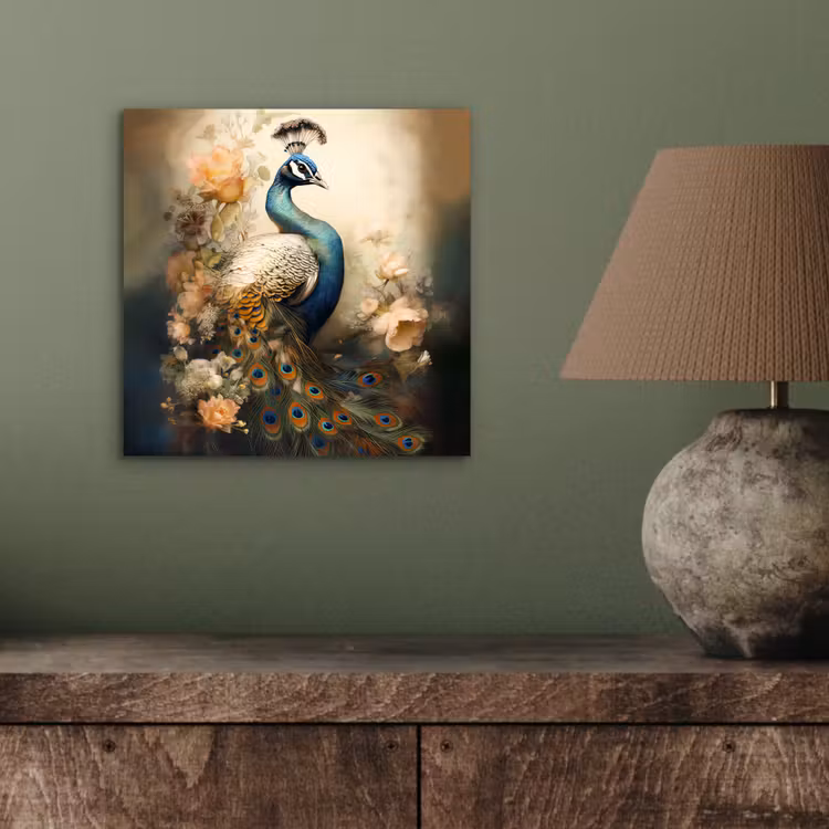 Pauw - Pauwenveren - Bloemen - Vogels - Botanisch aluminium wit klein -sfeer2