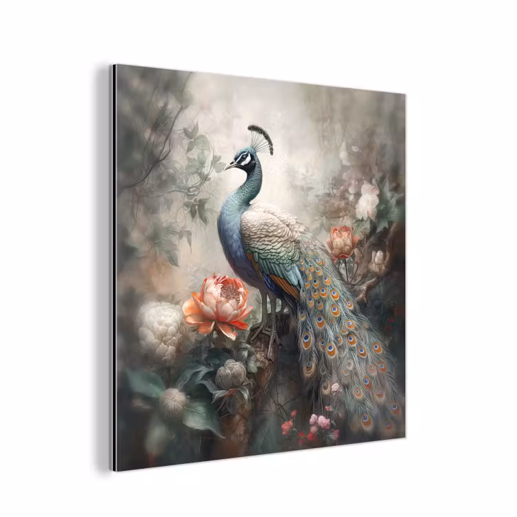 Pauw - Pauwenveren - Vogel - Jungle - Bloemen aluminium wit klein -3d