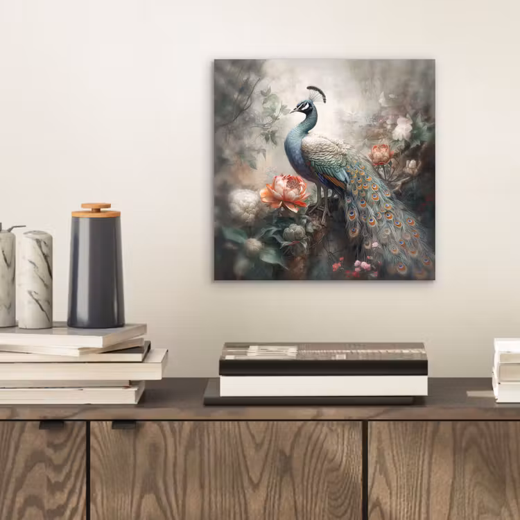 Pauw - Pauwenveren - Vogel - Jungle - Bloemen aluminium wit klein -sfeer1
