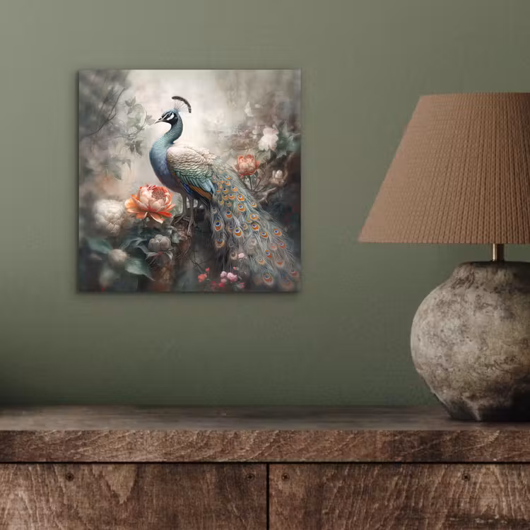 Pauw - Pauwenveren - Vogel - Jungle - Bloemen aluminium wit klein -sfeer2