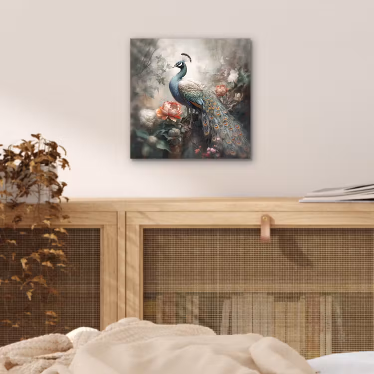 Pauw - Pauwenveren - Vogel - Jungle - Bloemen aluminium wit klein -sfeer3