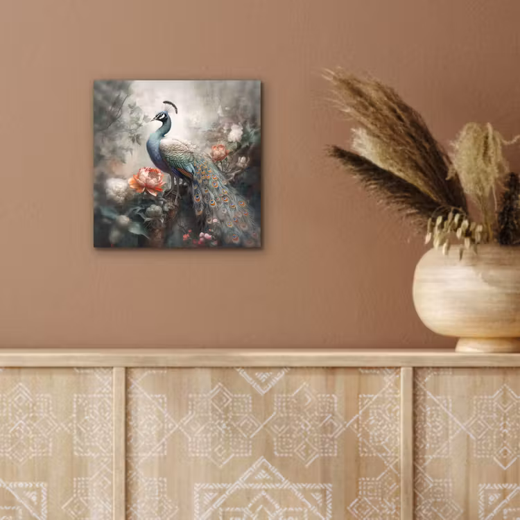 Pauw - Pauwenveren - Vogel - Jungle - Bloemen aluminium wit klein -sfeer4