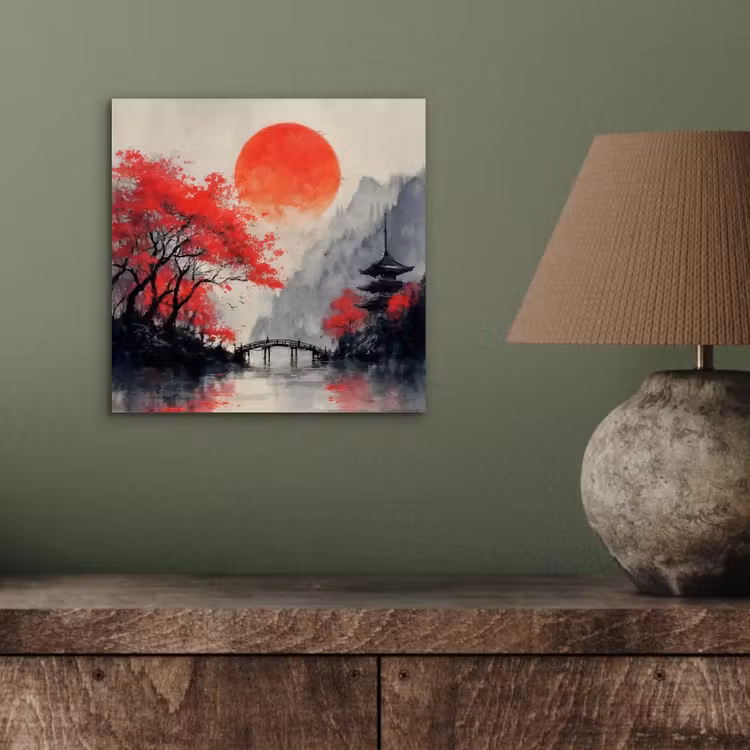 Rode zon - Rivier - brug - Bomen aluminium wit klein -sfeer2