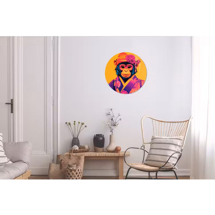 Aap - Kimono - Bloemen - Hoofdtooi Wandcirkel aluminium klein -woonkamer