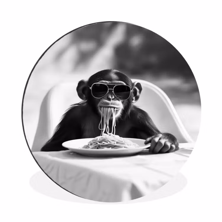 Aap - Spaghetti - Zonnebril - Zwart wit - Cool - Dier Wandcirkel aluminium klein -3d