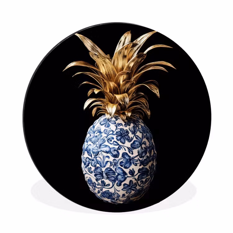 Ananas - Bloemen patroon - Goud - Delftsblauw Wandcirkel aluminium klein -3d