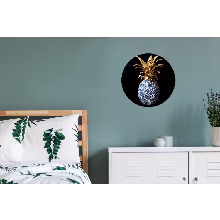 Ananas - Bloemen patroon - Goud - Delftsblauw Wandcirkel aluminium klein -slaapkamer