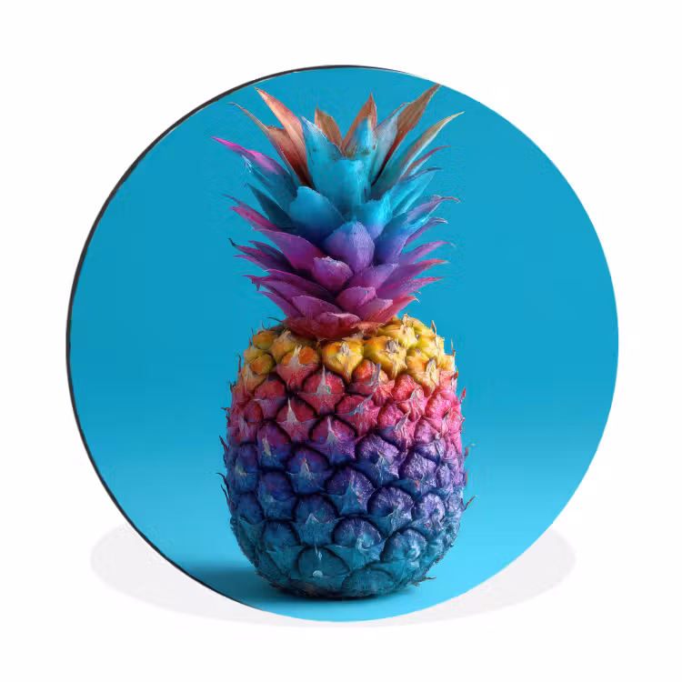 Ananas - Regenboog - Blauw - Popart Wandcirkel aluminium klein -3d