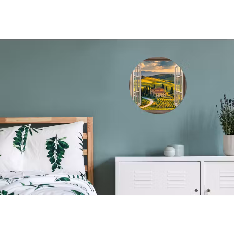 Doorkijk - Toscane - Uitzicht - Landschap - Zomer Wandcirkel aluminium klein -slaapkamer