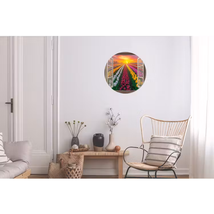 Doorkijk - Bloemen - Tulpen - Kleurrijk - Zonsondergang Wandcirkel aluminium klein -woonkamer