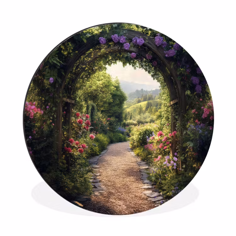 Doorkijk - Landschap - Bloemen - Tuinboog - Natuur Wandcirkel aluminium klein -3d