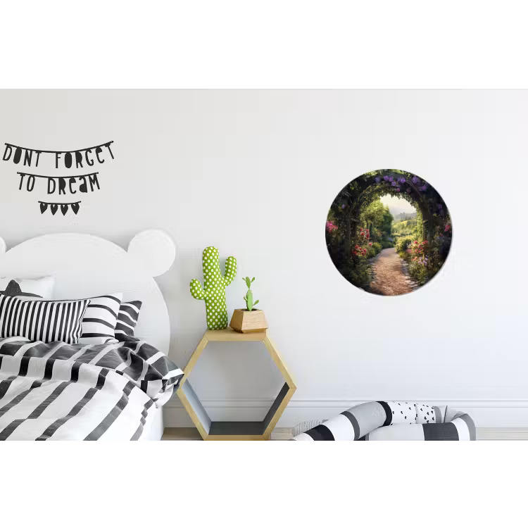 Doorkijk - Landschap - Bloemen - Tuinboog - Natuur Wandcirkel aluminium klein -kinderkamer