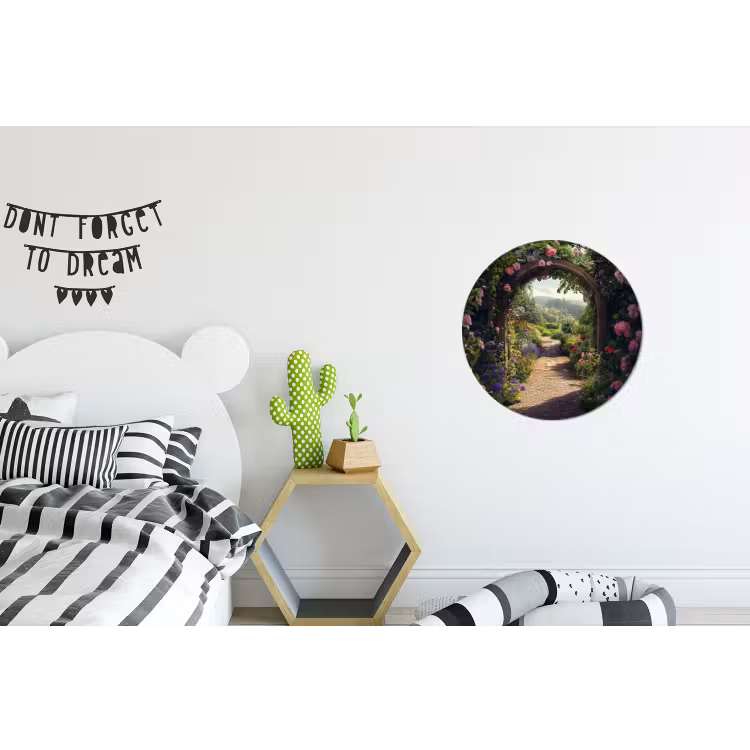 Doorkijk - Landschap - Bloemen - Rozenboog - Natuur Wandcirkel aluminium klein -kinderkamer