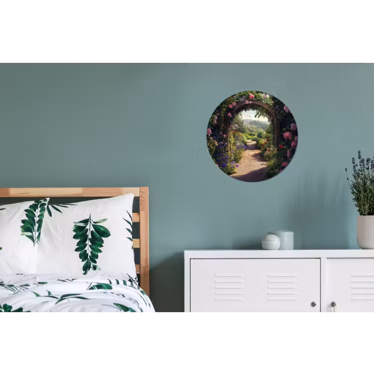 Doorkijk - Landschap - Bloemen - Rozenboog - Natuur Wandcirkel aluminium klein -slaapkamer